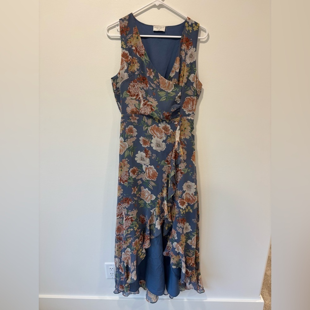Dress Forum Los Angeles Blue Floral Midi Dress Slit Ruffle Formal Wedding Garden